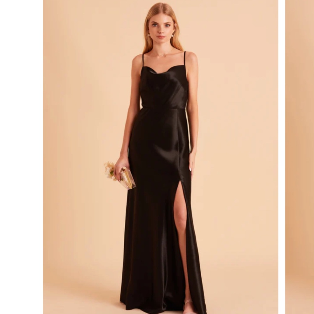 Birdy Grey Lisa Cowl Black Shiny Satin Long Bridesmaid Dress with Slit Size XS